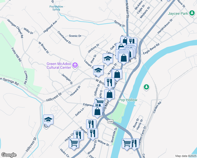 map of restaurants, bars, coffee shops, grocery stores, and more near 110 North Hicks Street in Clinton