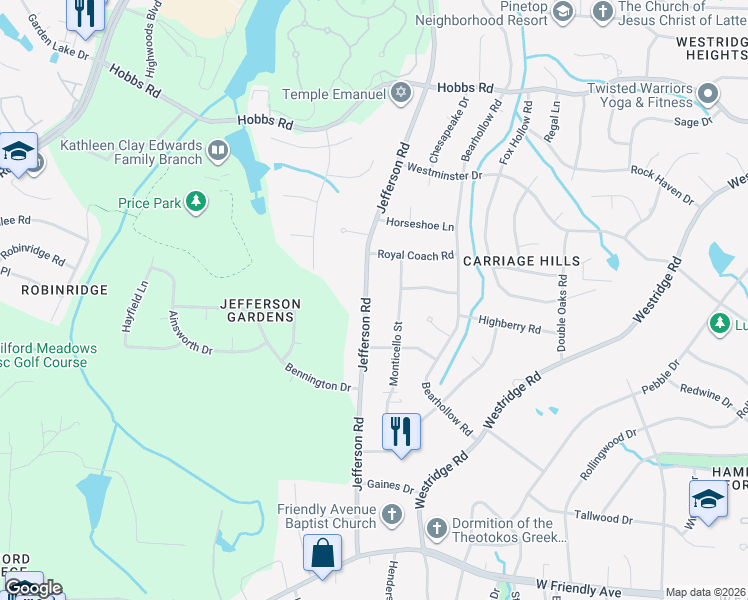 map of restaurants, bars, coffee shops, grocery stores, and more near 1107 Monticello Street in Greensboro