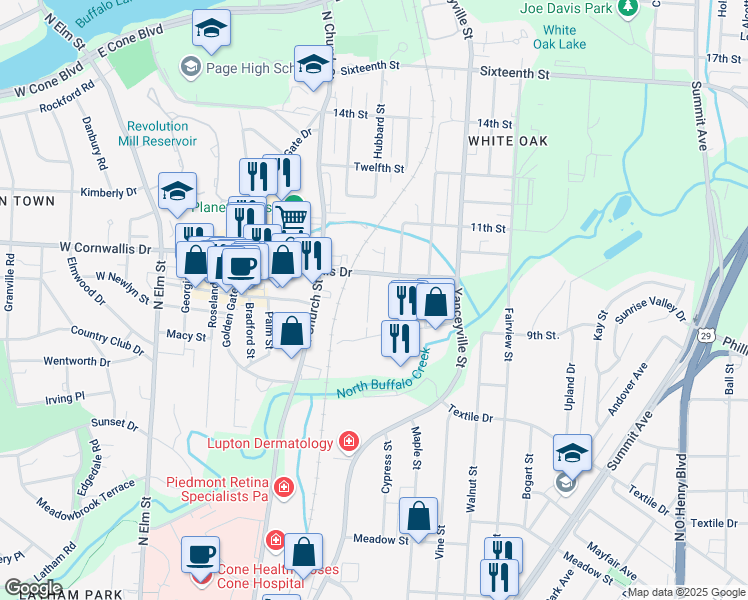 map of restaurants, bars, coffee shops, grocery stores, and more near 2114 Hubbard Street in Greensboro