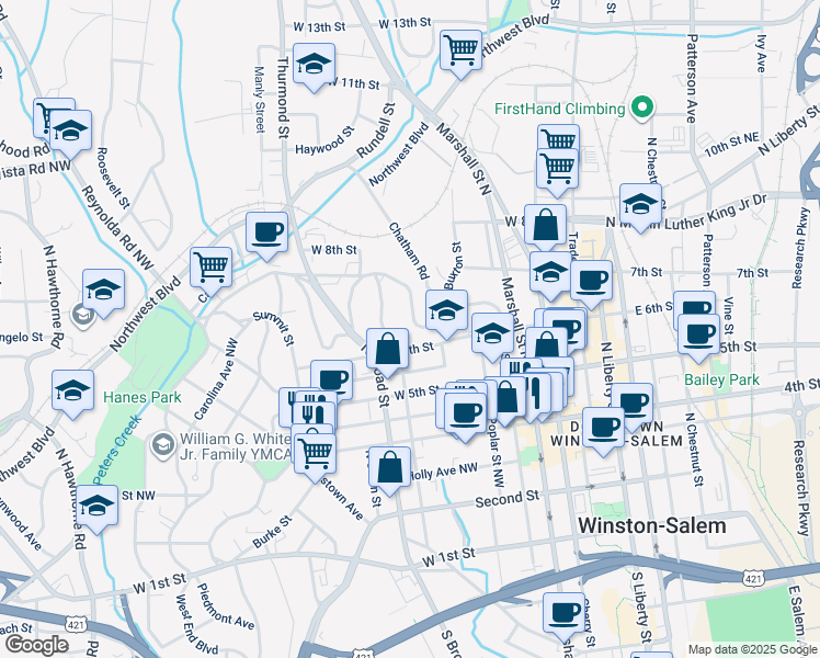 map of restaurants, bars, coffee shops, grocery stores, and more near 130 West End Boulevard in Winston-Salem