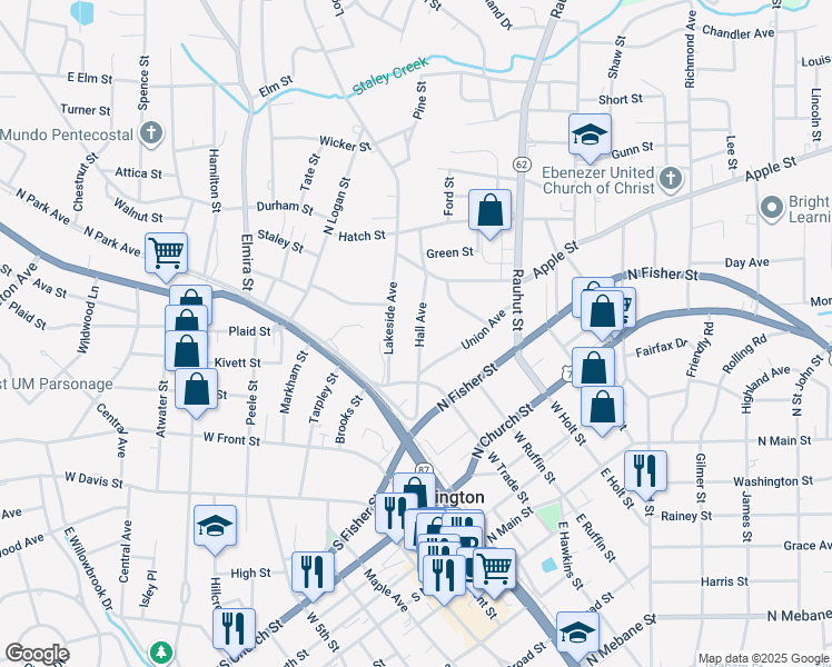 map of restaurants, bars, coffee shops, grocery stores, and more near 226 Hall Avenue in Burlington