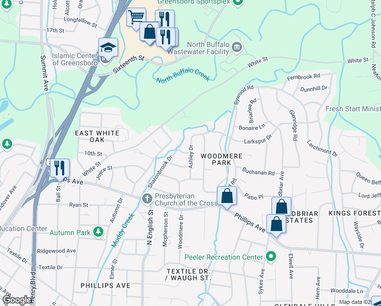 map of restaurants, bars, coffee shops, grocery stores, and more near 2099 Wellington Drive in Greensboro