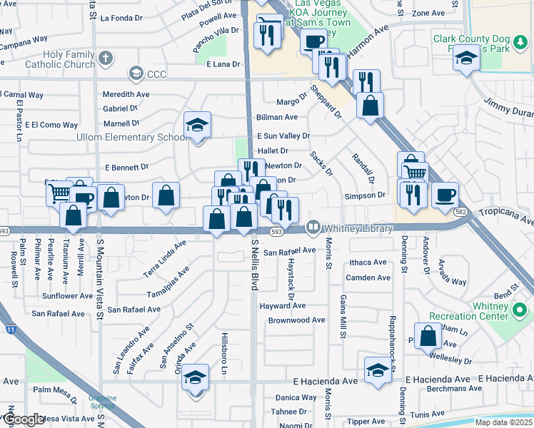 map of restaurants, bars, coffee shops, grocery stores, and more near 5010 East Tropicana Avenue in Las Vegas