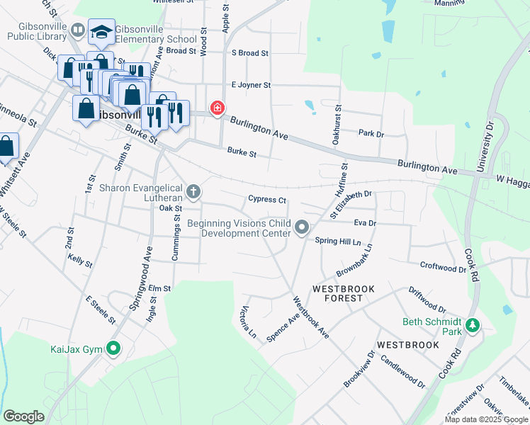 map of restaurants, bars, coffee shops, grocery stores, and more near 805 Leigh Drive in Gibsonville