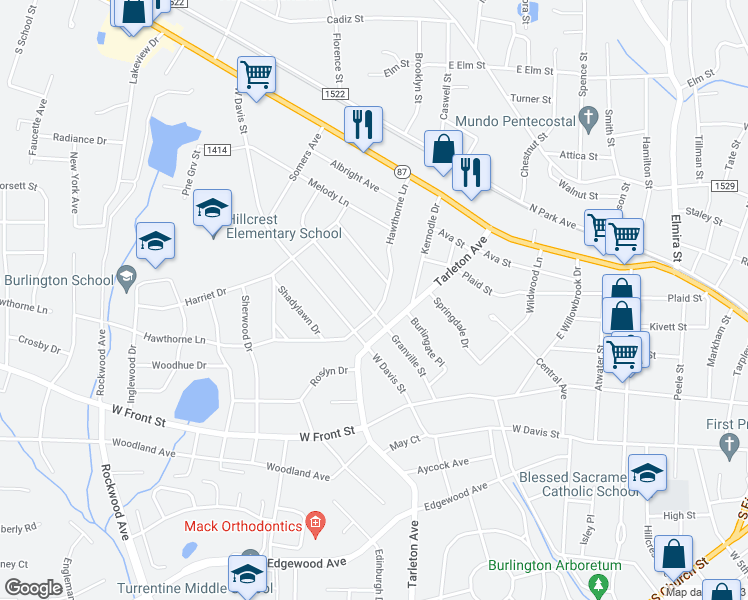 map of restaurants, bars, coffee shops, grocery stores, and more near 1507 Granville Street in Burlington