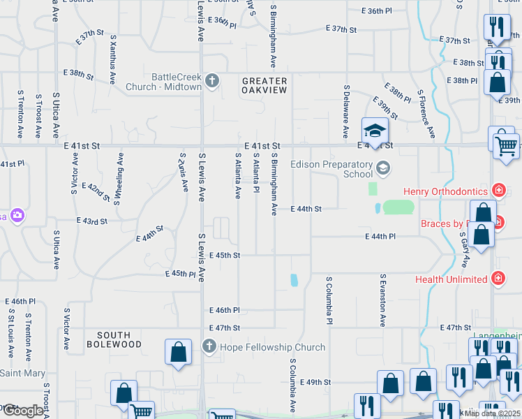 map of restaurants, bars, coffee shops, grocery stores, and more near 4408 South Atlanta Place in Tulsa
