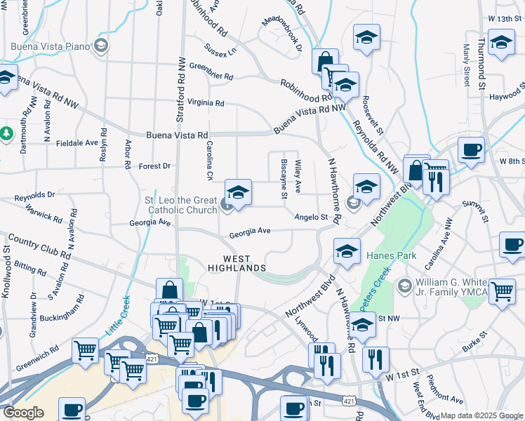 map of restaurants, bars, coffee shops, grocery stores, and more near 1930 Angelo Street in Winston-Salem