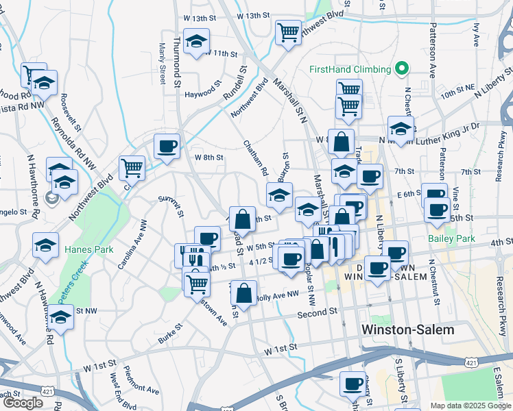map of restaurants, bars, coffee shops, grocery stores, and more near 130 West End Boulevard in Winston-Salem