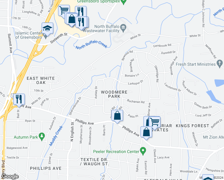 map of restaurants, bars, coffee shops, grocery stores, and more near 2105 Drexel Court in Greensboro