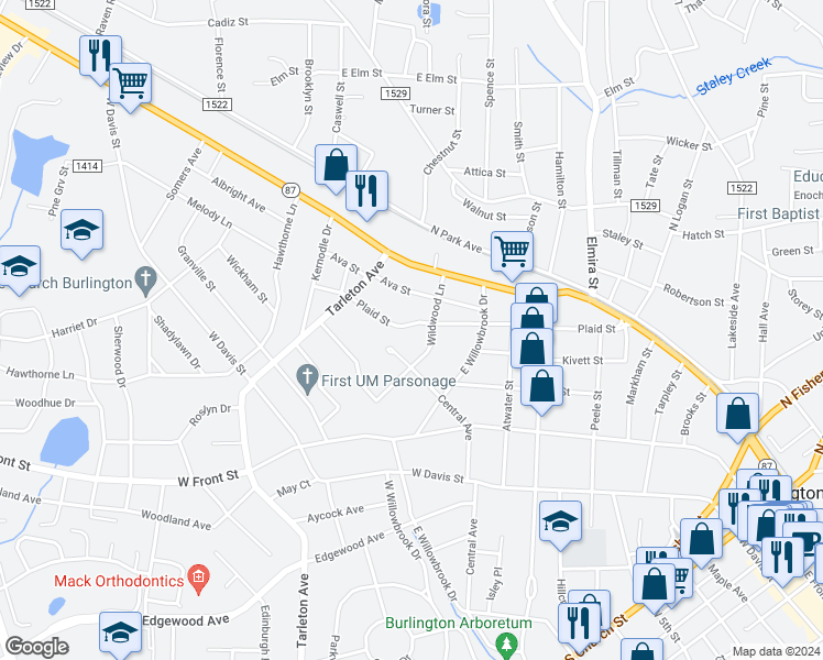 map of restaurants, bars, coffee shops, grocery stores, and more near 1106 Plaid Street in Burlington