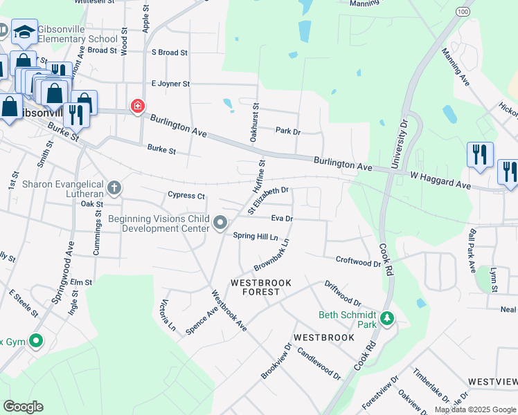 map of restaurants, bars, coffee shops, grocery stores, and more near 300 Saint Nicholas Trail in Gibsonville