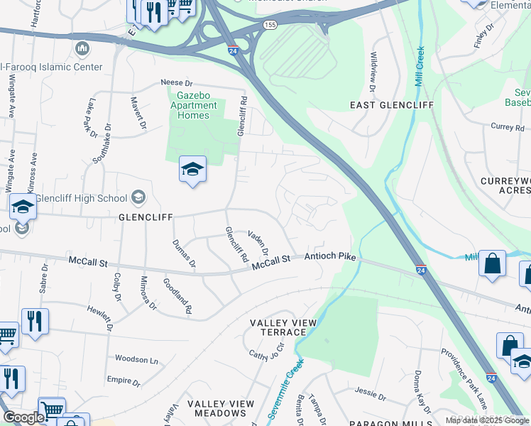map of restaurants, bars, coffee shops, grocery stores, and more near 93 Antioch Pike in Nashville