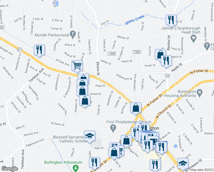 map of restaurants, bars, coffee shops, grocery stores, and more near 101 South Logan Street in Burlington