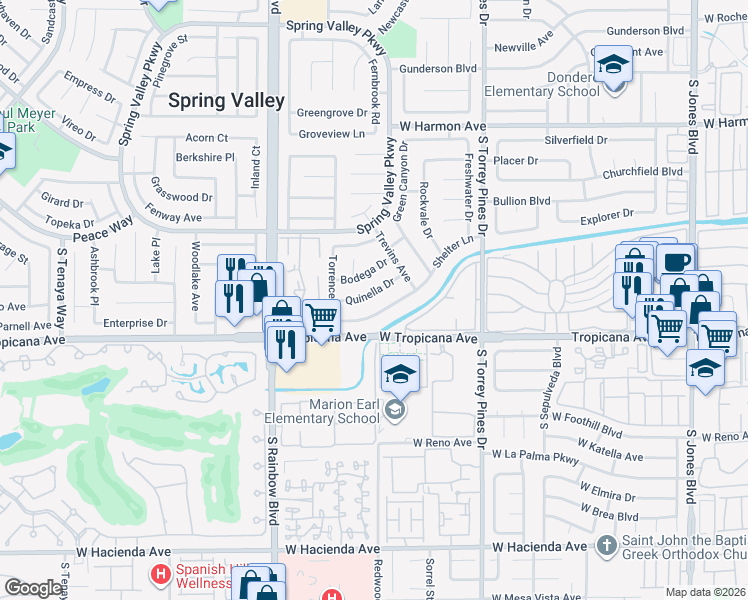 map of restaurants, bars, coffee shops, grocery stores, and more near 6758 Shelter Lane in Las Vegas