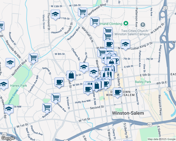 map of restaurants, bars, coffee shops, grocery stores, and more near in Winston-Salem