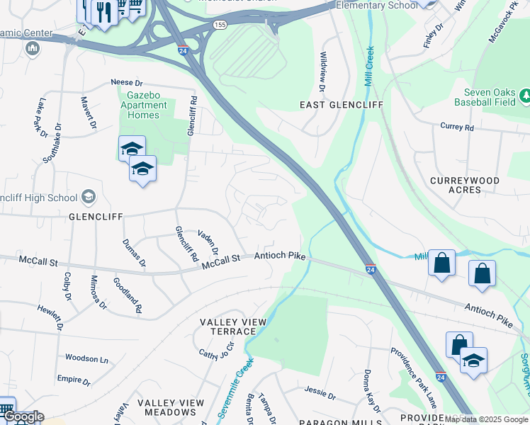 map of restaurants, bars, coffee shops, grocery stores, and more near 127 Bridgeway Drive in Nashville