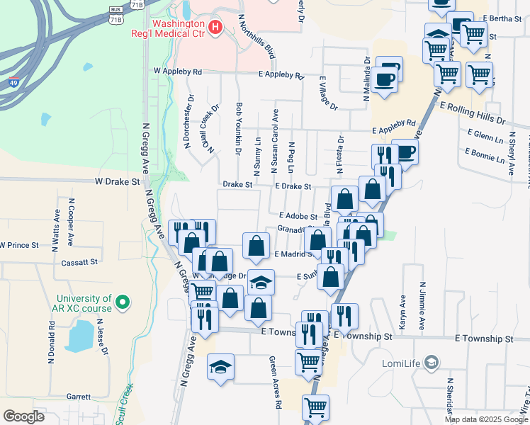 map of restaurants, bars, coffee shops, grocery stores, and more near 2693 North Valencia Avenue in Fayetteville