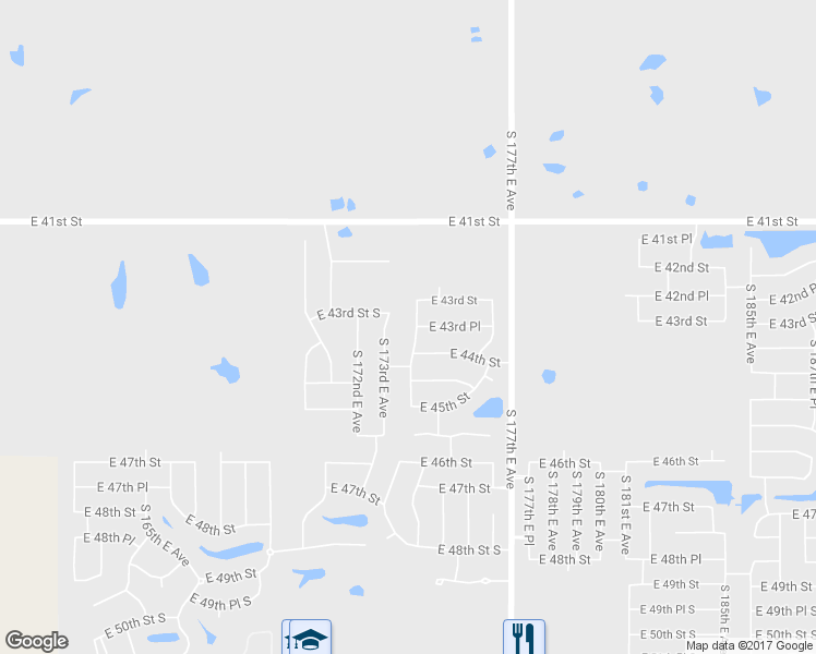 map of restaurants, bars, coffee shops, grocery stores, and more near 4361 South 173rd East Avenue in Tulsa