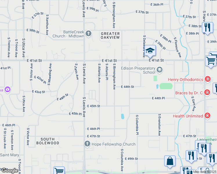 map of restaurants, bars, coffee shops, grocery stores, and more near 4408 South Atlanta Place in Tulsa