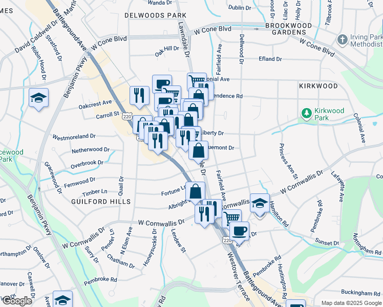 map of restaurants, bars, coffee shops, grocery stores, and more near 3307 Madison Avenue in Greensboro