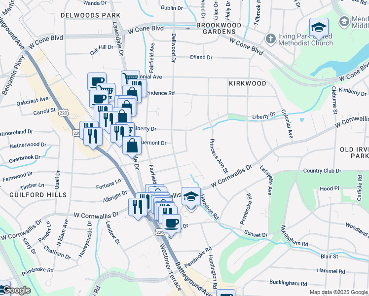 map of restaurants, bars, coffee shops, grocery stores, and more near 1900 Fernwood Drive in Greensboro