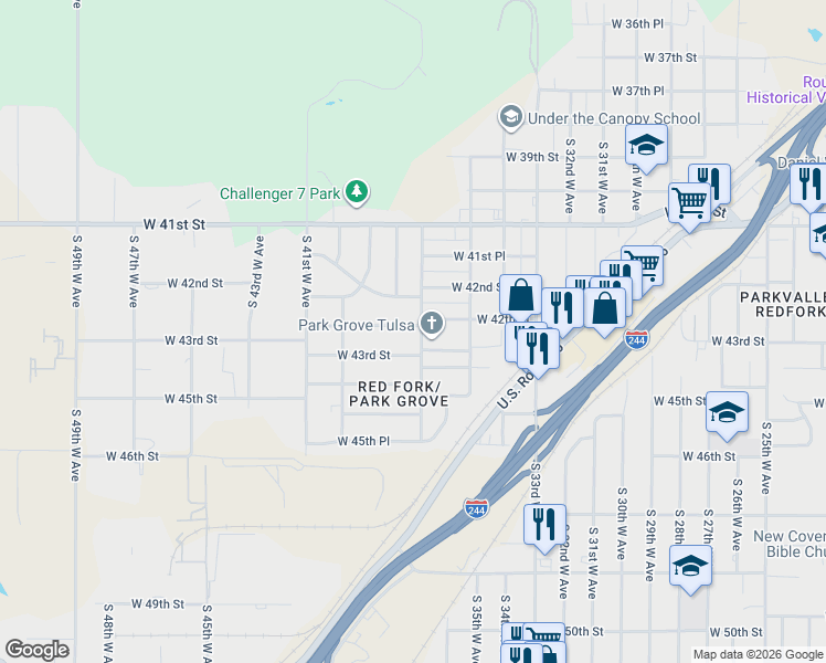 map of restaurants, bars, coffee shops, grocery stores, and more near 3709 West 43rd Street in Tulsa