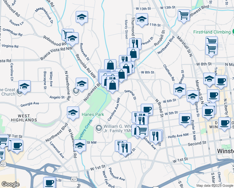 map of restaurants, bars, coffee shops, grocery stores, and more near 736 Summit Street in Winston-Salem