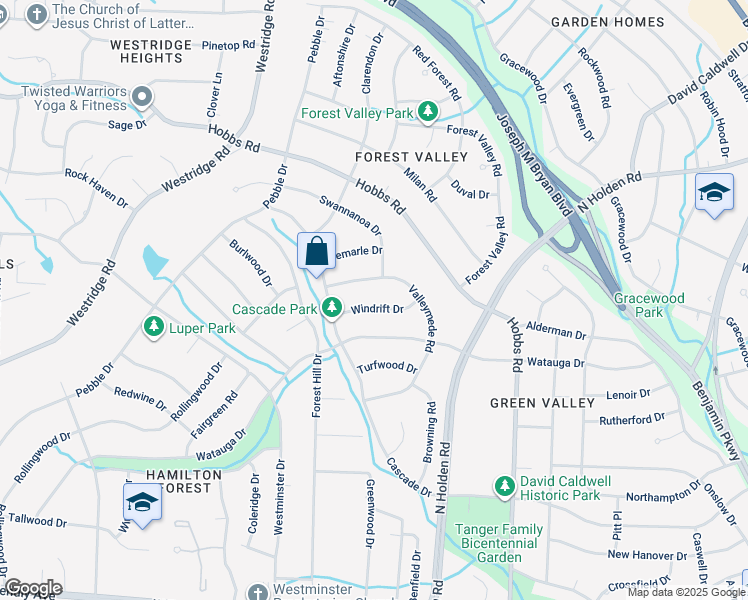 map of restaurants, bars, coffee shops, grocery stores, and more near 3310 Windrift Drive in Greensboro