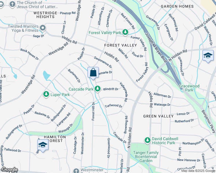 map of restaurants, bars, coffee shops, grocery stores, and more near 3312 Windrift Drive in Greensboro