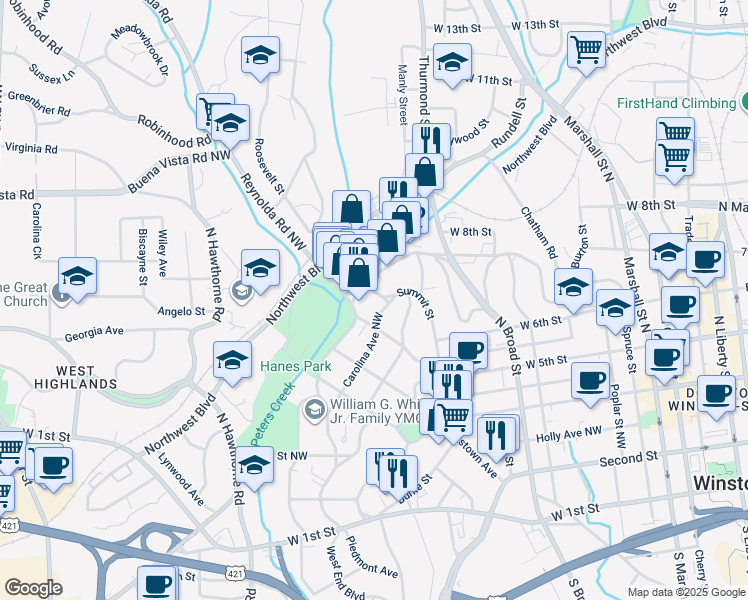 map of restaurants, bars, coffee shops, grocery stores, and more near 738 Summit Street in Winston-Salem