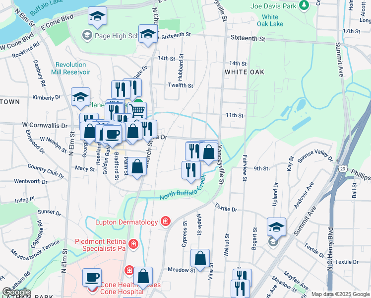 map of restaurants, bars, coffee shops, grocery stores, and more near 2108 Cypress Street in Greensboro