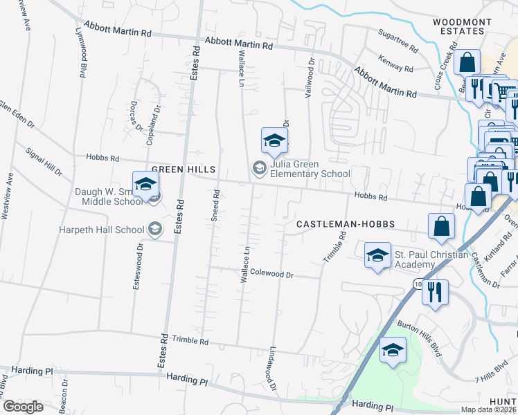 map of restaurants, bars, coffee shops, grocery stores, and more near 4204 Wallace Lane in Nashville