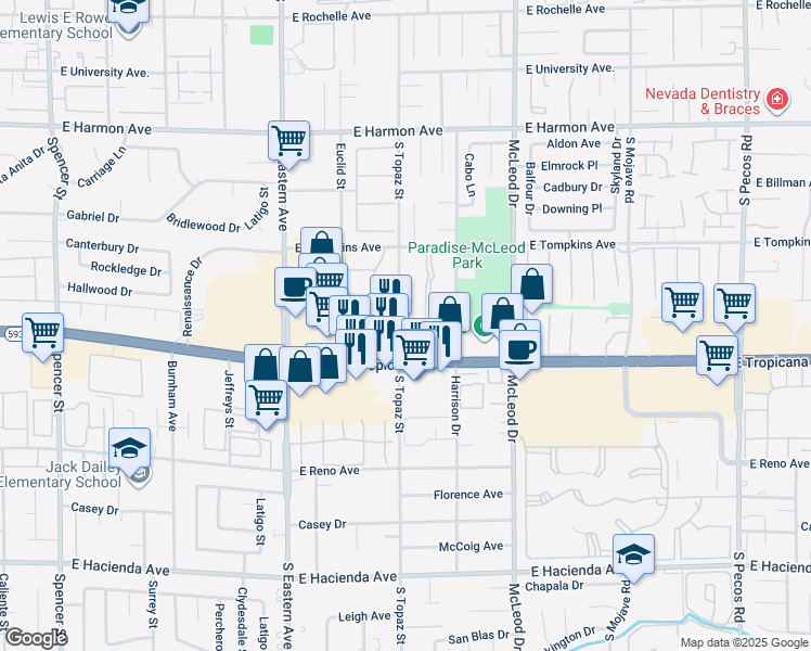 map of restaurants, bars, coffee shops, grocery stores, and more near 4770 South Topaz Street in Las Vegas