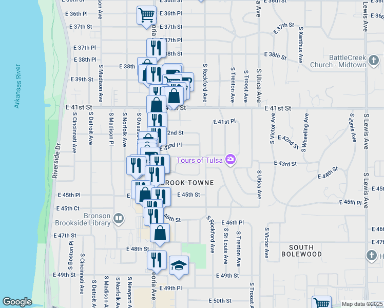 map of restaurants, bars, coffee shops, grocery stores, and more near 1364 East 43rd Place in Tulsa