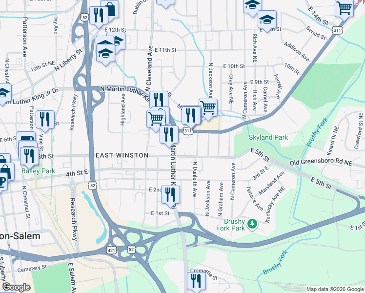 map of restaurants, bars, coffee shops, grocery stores, and more near 1435 5th Street Northeast in Winston-Salem