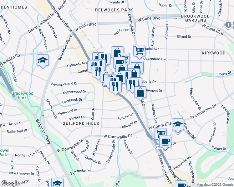 map of restaurants, bars, coffee shops, grocery stores, and more near 2310 Markland Drive in Greensboro