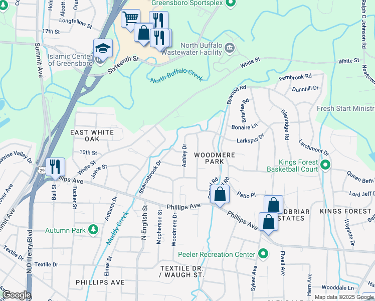 map of restaurants, bars, coffee shops, grocery stores, and more near 2018 Ashley Drive in Greensboro