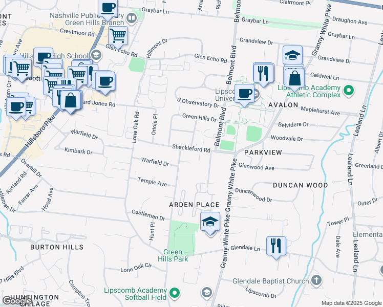 map of restaurants, bars, coffee shops, grocery stores, and more near 416 Shackleford Court in Nashville