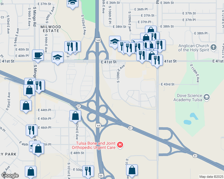 map of restaurants, bars, coffee shops, grocery stores, and more near 4362 South 109th East Avenue in Tulsa