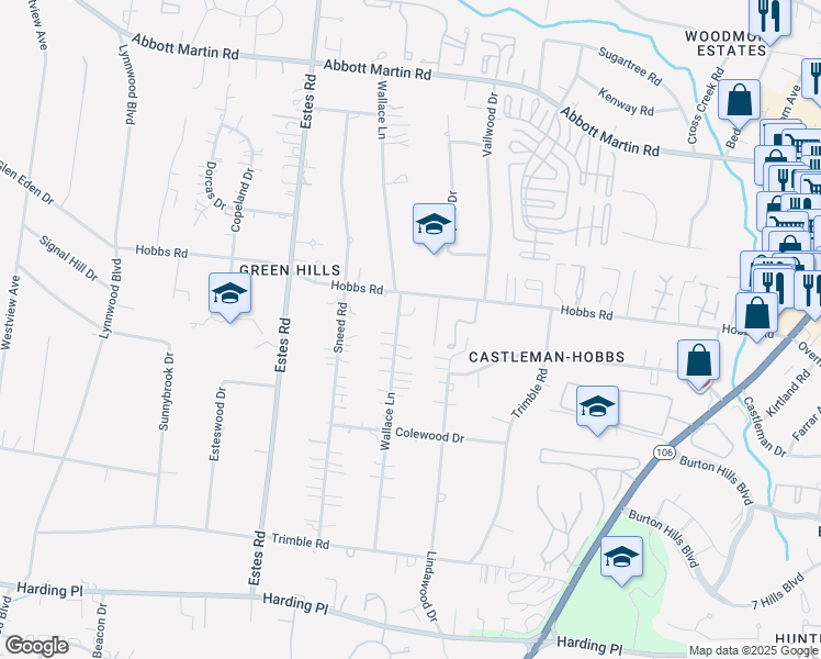 map of restaurants, bars, coffee shops, grocery stores, and more near 4204 Wallace Lane in Nashville