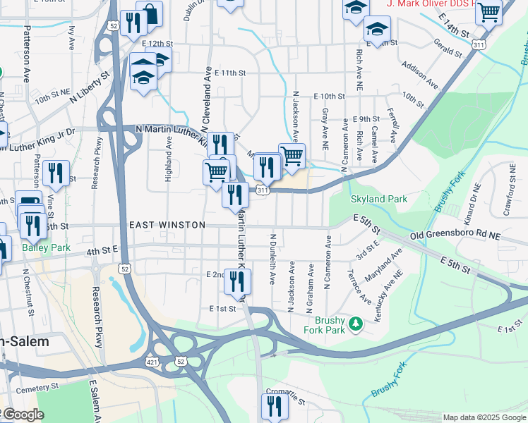 map of restaurants, bars, coffee shops, grocery stores, and more near 1435 5th Street Northeast in Winston-Salem