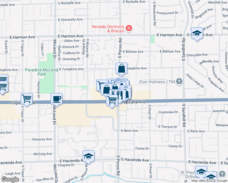 map of restaurants, bars, coffee shops, grocery stores, and more near 4840-4878 South Pecos Road in Las Vegas