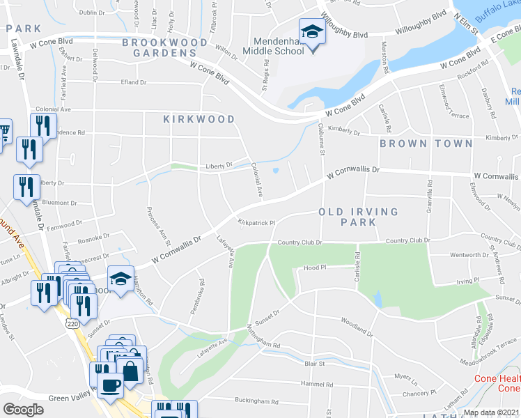 map of restaurants, bars, coffee shops, grocery stores, and more near 901 West Cornwallis Drive in Greensboro