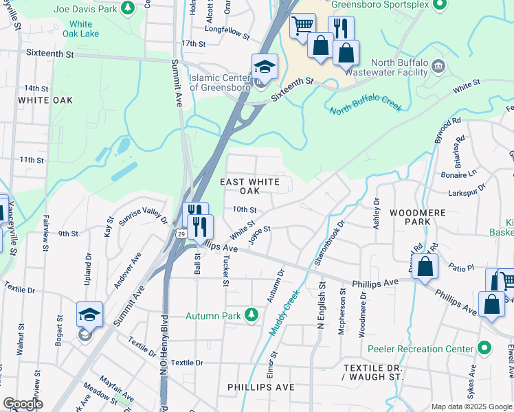 map of restaurants, bars, coffee shops, grocery stores, and more near 1801 10th Street in Greensboro