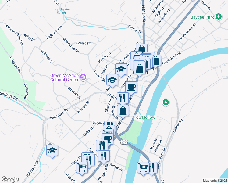map of restaurants, bars, coffee shops, grocery stores, and more near 110 North Hicks Street in Clinton