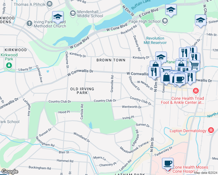map of restaurants, bars, coffee shops, grocery stores, and more near 1915 Granville Road in Greensboro