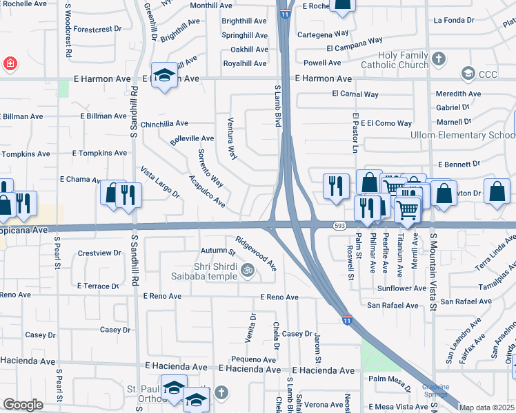 map of restaurants, bars, coffee shops, grocery stores, and more near 4880 East Tropicana Avenue in Las Vegas
