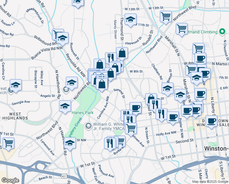 map of restaurants, bars, coffee shops, grocery stores, and more near 617 Jersey Avenue in Winston-Salem