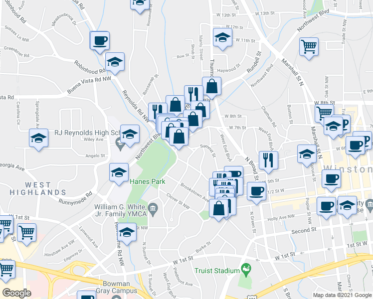 map of restaurants, bars, coffee shops, grocery stores, and more near 1405 Pilot View Street in Winston-Salem