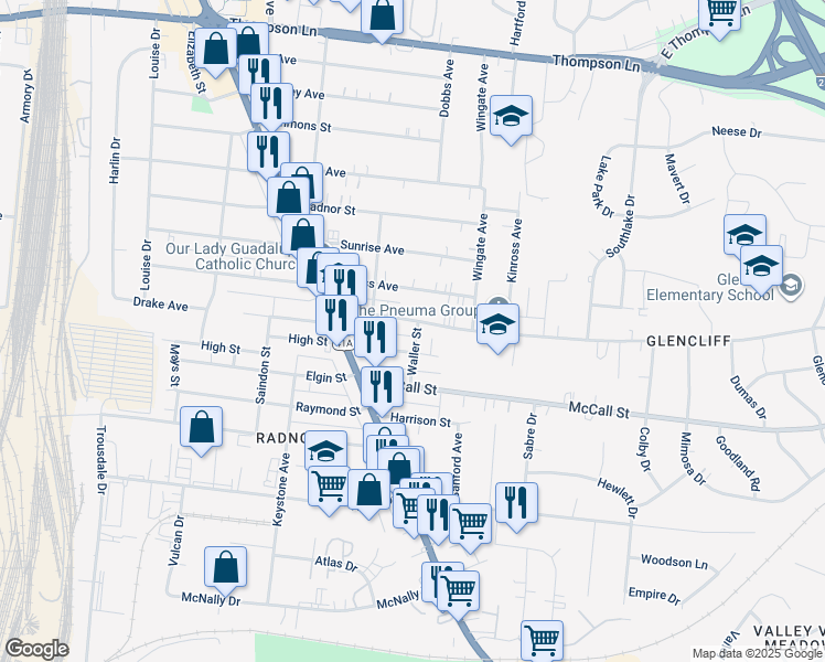 map of restaurants, bars, coffee shops, grocery stores, and more near 201A Chilton Street in Nashville